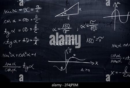 Tafel mit wissenschaftlichen Formeln und Berechnungen in Mathematik eingeschrieben. Wissenschaft und Bildung Hintergrund. Stockfoto