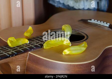 Fading Flowers und eine akustische Gitarre. Petals Gelbe Tulpen liegen auf dem Gitarrendeck. Verblassende Popularität, vergessener Ruhm Konzept. Selektiver Fokus. Stockfoto