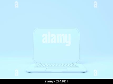 Blauer Laptop mit leerem Bildschirm-Mockup auf blauem Hintergrund Stockfoto
