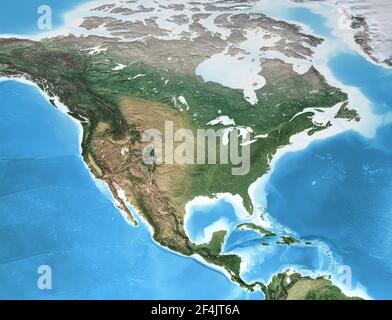 Physische Karte von Nordamerika mit hochauflösenden Details. Abgeflachte Satellitenansicht des Planeten Erde und seiner Geographie - von der NASA eingerichtete Elemente Stockfoto