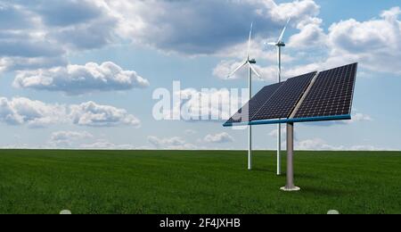 Sonnenkollektoren und Windturbinen auf einem grünen Feld. Nachhaltiges Energiekonzept Stockfoto