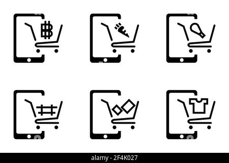 Online-Shopping über Mobile Application Marketing Cart. Icon zum Einkaufen inserieren Material, Geschenk, Lebensmittel Karotte, T-Shirt, Huhn Stockfoto