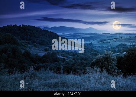 Bergige ländliche Landschaft bei Nacht. Schöne Landschaft mit Wäldern, Hügeln und Wiesen im Vollmondlicht. Kamm mit hohen Gipfel in der Ferne. vill Stockfoto