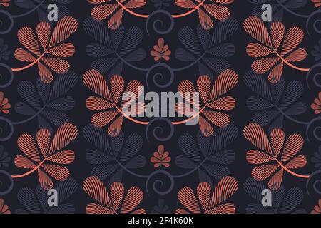 Nahtloses Muster mit Blumenmuster. Gestreifte Grafik marineblau, korallenfarbene Blätter isoliert auf tiefgrauem Hintergrund Stock Vektor