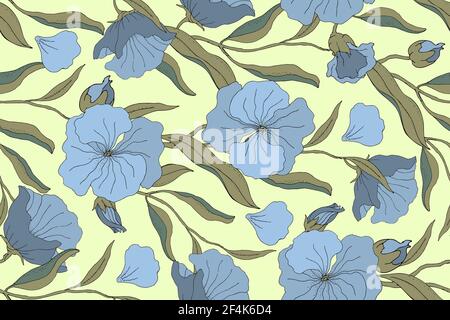 Nahtloses Muster mit Blumenmuster. Blaue Blüten mit Zweigen, Blättern und Blütenblättern isoliert auf blassgelbem Hintergrund Stock Vektor