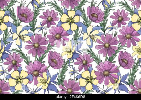 Nahtloses Muster mit Blumenmuster. Lila, gelbe, blaue Vektor-Gartenblumen isoliert auf weißem Hintergrund Stock Vektor