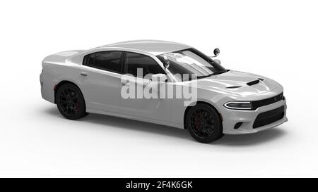 AUSTIN, VEREINIGTE STAATEN - Nov 03, 2020: Verschiedene Winkel eines weißen LKW Dodge Charger (Polizeiauto in den Vereinigten Staaten) schwere Renderings. Toll für Stockfoto