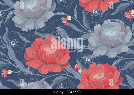 Nahtloses Muster mit Blumenmuster. Rote, blaue Blüten mit Zweigen, Blätter isoliert auf blauem Hintergrund. Stock Vektor