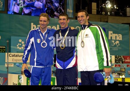 Goldmedaille Michael Phelps USA, Ian Thorpe AUS Silbermedaille und Massimiliano Rosolino ITA bei der Schwimmweltmeisterschaft in Barcelona 2003. Stockfoto