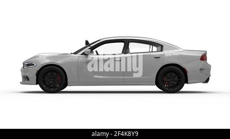 AUSTIN, VEREINIGTE STAATEN - Nov 03, 2020: Verschiedene Winkel eines weißen LKW Dodge Charger (Polizeiauto in den Vereinigten Staaten) schwere Renderings. Toll für Stockfoto