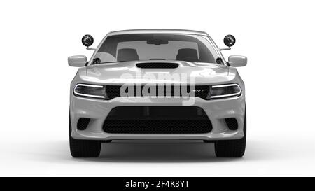 AUSTIN, VEREINIGTE STAATEN - Nov 03, 2020: Verschiedene Winkel eines weißen LKW Dodge Charger (Polizeiauto in den Vereinigten Staaten) schwere Renderings. Toll für Stockfoto