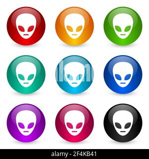 Alien Face Icon Set, bunt glänzend 3D Rendering Ball Buttons in 9 Farboptionen für webdesign und mobile Anwendungen Stockfoto