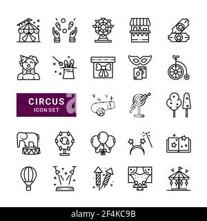 Сircus minimale dünne Linie Web Zeug lineare Vektor-Symbole. Enthält Symbole wie Charakter Clown, Karussell, Zelt und mehr. Stock Vektor