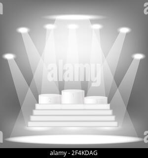 Weiße Zylinderplattformen und Leuchten. Pidium Winners Levels. Beleuchteter Sportsockel Stock Vektor