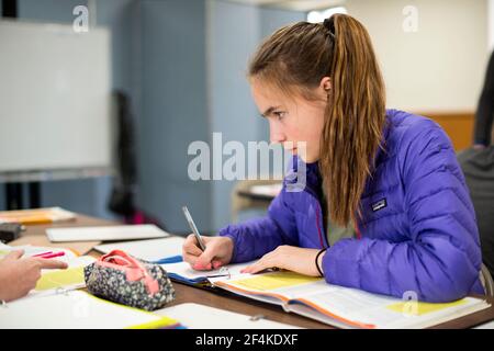 Harrison, New York, USA. Weibliche Grundschule Schüler ihren Unterricht an der Schule für die niederländische Sprache & Kultur besuchen. Stockfoto