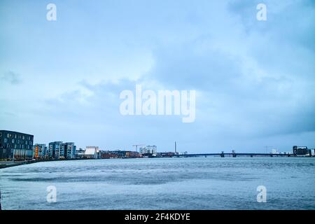Der Blick auf das Wasser von einer Stadt in dänemark Stockfoto