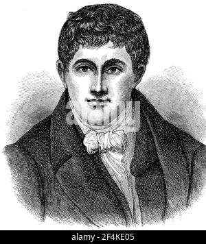 Sir Humphry Davy, 1st Baronet, 17. Dezember 1778 - 29. Mai 1829, war ein englischer Chemiker, der unter anderem dafür bekannt war, die schmerzlindernden Wirkungen von Lachgas zu entdecken / Sir Humphry Davy, 1. Baronet, 17. Dezember 1778 - 29. Mai 1829, war ein englischer Chemiker und ist unter anderem bekannt für die Entdeckung der schmerzlindernden Wirkung von Lachgas, Historisch, historisch, digital verbesserte Reproduktion eines Originals aus dem 19th. Jahrhundert / digitale Reproduktion einer Originalvorlage aus dem 19. Jahrhundert Stockfoto