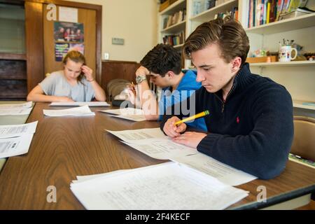 Harrison, New York, USA. Zwei männliche Studenten arbeiten ihre Aufgaben an der Schule für die niederländische Sprache & Kultur. Stockfoto