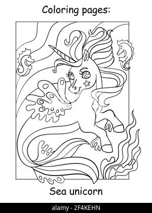 Niedliches Seeeinhorn mit langer Mähne und Schwanz. Bild ausmalen für Kinder. Vektor Cartoon Illustration isoliert auf weißem Hintergrund. Für Malbuch Stock Vektor