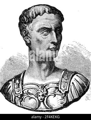 Gaius Iulius Caesar, Gaius Julius Caesar, 13. Juli 100 v. Chr.- 15. März 44 v. Chr., ein römischer Staatsmann, General und Autor / Gaius Iulius Caesar, Gaius Julius Cäsar, 13. Juli 100 v. Chr.- 15. März 44 v. Chr., ein römischer Staatsmann, Feldherr und Autor, Historisch, historisch, Digitale verbesserte Reproduktion eines Originals aus dem 19th. Jahrhundert / digitale Reproduktion einer Originalvorlage aus dem 19. Jahrhundert Stockfoto