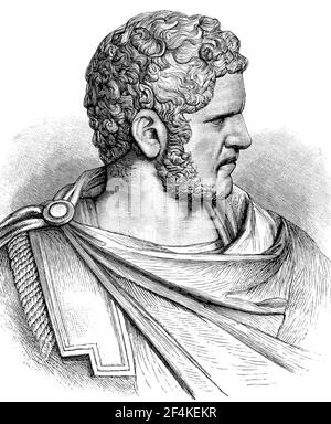 Caracalla, Lucius Septimius Bassianus, 4. 188. Bis 8. April. April 217, war von 211 bis zu seinem Tod römischer Kaiser / Caracalla, Lucius Septimius Bassianus, 4. 188. Bis 8. April. April 217, war von 211 bis zu seinem Tod römischer Kaiser, Historisch, historisch, digital verbesserte Reproduktion eines Originals aus dem 19th. Jahrhundert / digitale Produktion einer Originalvorlage aus dem 19. Jahrhundert Stockfoto