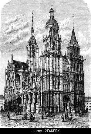 Die Kathedrale von Evreux, die der Jungfrau Maria, Notre-Dame, gewidmet ist, ist der Sitz der Diözese Evreux in Frankreich, im Jahr 1880 / die der Gottesmutter Maria, Notre-Dame, bestimmte Kathedrale von Evreux ist der Sitz des Bistums Evreux in Frankreich, im Jahr 1880, Historisch, historisch, Digitale verbesserte Reproduktion eines Originals aus dem 19th. Jahrhundert / digitale Reproduktion einer Originalvorlage aus dem 19. Jahrhundert Stockfoto