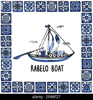 Portugal Wahrzeichen gesetzt. Rabelo Boot, Weinboot. Traditionelles Porto Boot im Rahmen von portugiesischen Fliesen, Azulejo. Handgezeichneter Skizzenstil-Vektor Stock Vektor