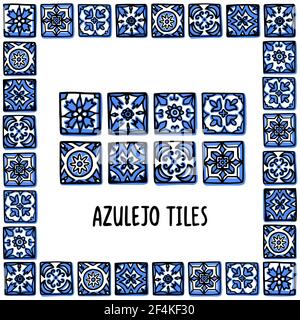 Portugal Wahrzeichen gesetzt. Portugiesische Fliesen, Azulejo. Lissabon Mosaik im Rahmen der portugiesischen Fliesen, Azulejo. Handgezeichnete Vektordarstellung im Skizzenstil. Stock Vektor