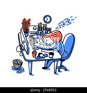Konzept einer Person, die von der Arbeit überwältigt ist. Informationsüberlastungskonzept. Junge Frau, die an ihrem Arbeitsplatz schläft. Bunte Vektor-Illustration in flachen Cartoon Stock Vektor