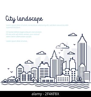 Vorlage für Stadtlandschaft. Dünne Linie Stadtlandschaft. Innenstadtlandschaft mit hohen Wolkenkratzern. Panorama-Architektur Regierungsgebäude isoliert skizzieren Stock Vektor