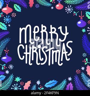 Weihnachtsrahmen, Kranz, aus Tanne, Blätter, Zweige, Bälle und Merry Christmas Schriftzug auf dunklem Hintergrund. Flacher Stil Cartoon weihnachten Elemente. Stock Vektor