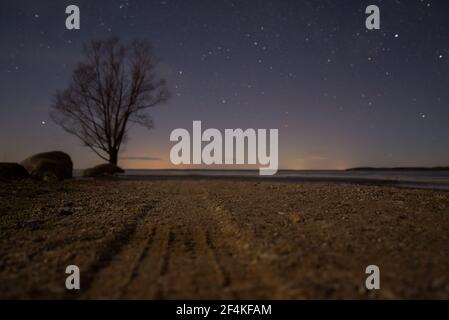 Autoreifen-Fußabdruck auf der sandigen Auffahrt am See. Ein einbunter Baum am Ufer eines Sees im Sternenhimmel mit einem kleinen Nordlicht am Horizont. Stockfoto