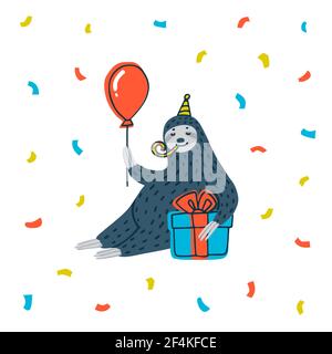 Tierparty. Faule Faulheit Party. Niedliches Faultier mit Geschenk und Ballon. Vektorgrafik Stock Vektor