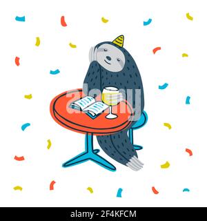 Tierparty. Faule Faulheit Party. Süßes Faultier, das an einem Tisch mit Buch und Wein sitzt. Vektorgrafik Stock Vektor