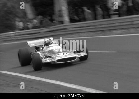 Jean-Pierre BELTOISE fährt MATRA F1 Auto in voller Geschwindigkeit während des Grand Prix de France 1970, in Charade Circuit in der Nähe von Clermont-Ferrand. Stockfoto