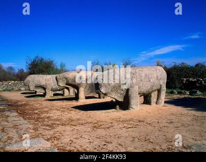 TOROS DE GUISANDO - VERRACOS DE VETTONES- ESCULTURA EN PIEDRA - S III/II AC. LAGE: CERRO DE GUISANDO. EL TIEMBLO. AVILA. SPANIEN. Stockfoto