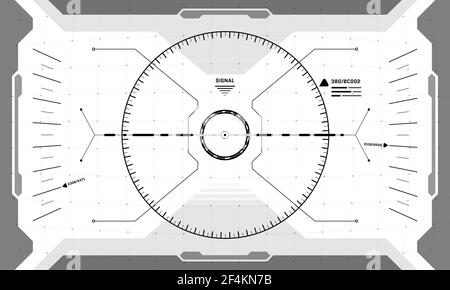 VR HUD Schnittstelle Fadenkreuz Cyberpunk Bildschirm schwarz und weiß Design. Futuristisches Sci-Fi Virtual Reality View Head Up Display Visier. Grafische Darstellung der Vektorgrafik für das Dashboard der grafischen Benutzeroberfläche der digitalen Technologie Stock Vektor