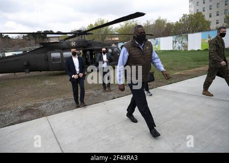 Kabul, Afghanistan. März 2021, 22nd. Verteidigungsminister Lloyd J. Austin III. Trifft am 21. März 2021 in Kabul, Afghanistan, am Hauptsitz des Resolute Support ein. Foto von Lisa Ferdinando/DoD/UPI Credit: UPI/Alamy Live News Stockfoto