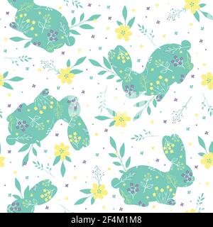 Niedliche Blume Hasen umgeben von Blumen und Blättern, zarte Pastellfarben. Nahtlose Vektor-Muster. Geeignet für Stoff, ostern. Stock Vektor