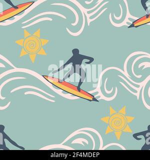 Nahtloses Vektor-Muster mit Surfer-Silhouette auf pastellblauem Hintergrund. Einfache Lifestyle Tapete Design. Happy Sport Mode Textil. Stock Vektor