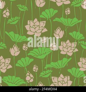 Nahtlose Vektor-Muster mit Lotusblume auf grünem Hintergrund. Romantisches florales Tapetendesign mit Seerose. Sanfte Natur Mode Textil. Stock Vektor
