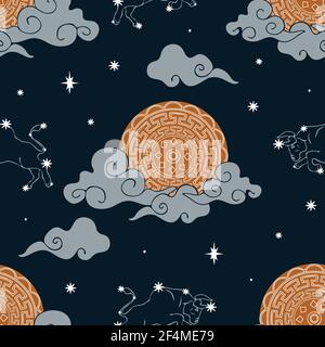 Nahtloses Vektor-Muster mit Ochsen Tierkreis Himmel auf dunkelblauem Hintergrund. Horoskop Symbol Tapete Design mit chinesischen Mond. Stock Vektor
