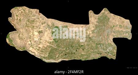 Armavir, Provinz Armenien. Sentinel-2 Satellitenbilder. Form isoliert auf schwarz. Beschreibung, Lage der Hauptstadt. Enthält modifiziertes Copernicu Stockfoto