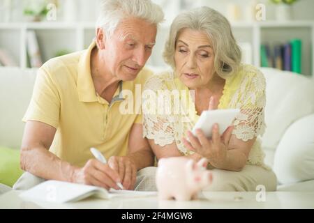 Fröhliche Familie. Fröhliche paar Senioren sitzen mit Taschenrechner Geld zählen Stockfoto