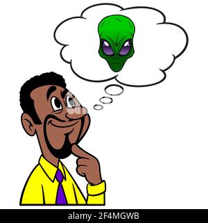 Man Thinking about Aliens - EINE Cartoon-Illustration eines Mannes, der über Aliens nachdenkt. Stock Vektor