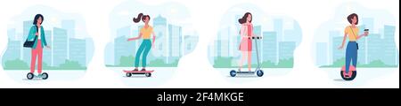 Frauen fahren moderne Elektrofahrzeuge, fahren zur Arbeit, trinken Kaffee. Umweltfreundliche alternative Verkehrsmittel, freundlich zur Umwelt. Vektor-Illustration von Mädchen im flachen Stil auf dem Hintergrund der Stadt Stock Vektor