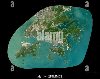 Hongkong, autonome Region Chinas. Sentinel-2 Satellitenbilder. Form isoliert auf schwarz. Beschreibung, Lage der Hauptstadt. Enthält geändert Stockfoto