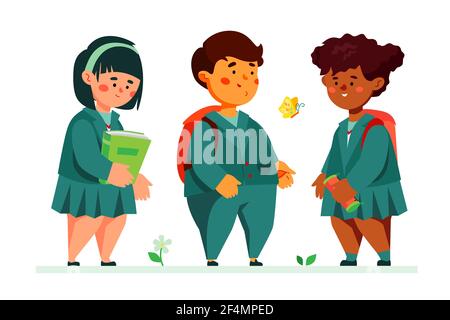 Schulkinder stehen zusammen - bunte flache Design-Stil Illustration mit Comic-Figuren. Bildung und Lernidee. Glückliche Kinder, Junge und g Stock Vektor
