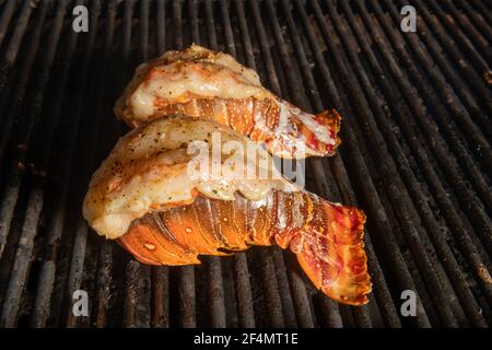 Hummerschwänze werden auf einem Grill gekocht, der Sattelrücken ist Oder mit Knopf Stockfoto