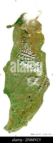 Golan, Bezirk Israel. Sentinel-2 Satellitenbilder. Form isoliert auf weiß. Beschreibung, Lage der Hauptstadt. Enthält modifizierten Copernicus S Stockfoto